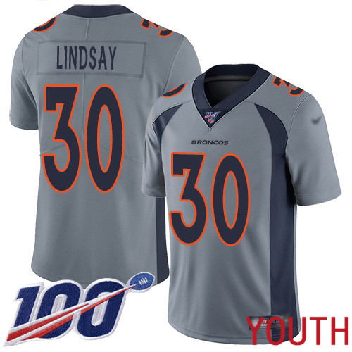 Youth Denver Broncos #30 Phillip Lindsay Limited Silver Inverted Legend 100th Season Football NFL Jersey